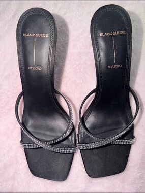Black Suede Crystal-Strap Heeled Slides - Black Suede Studio